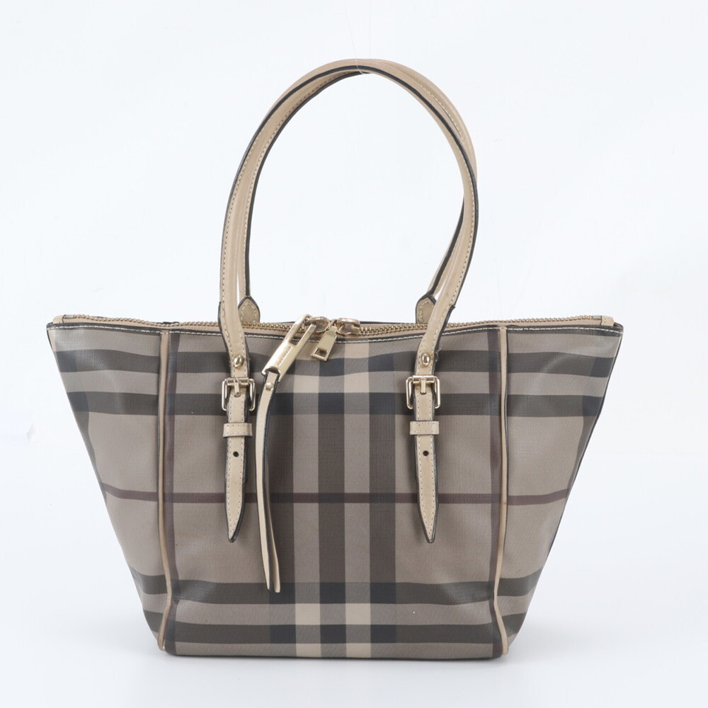 Burberry Check Leather Tote Bag Shoulder Handbag Beige Women's